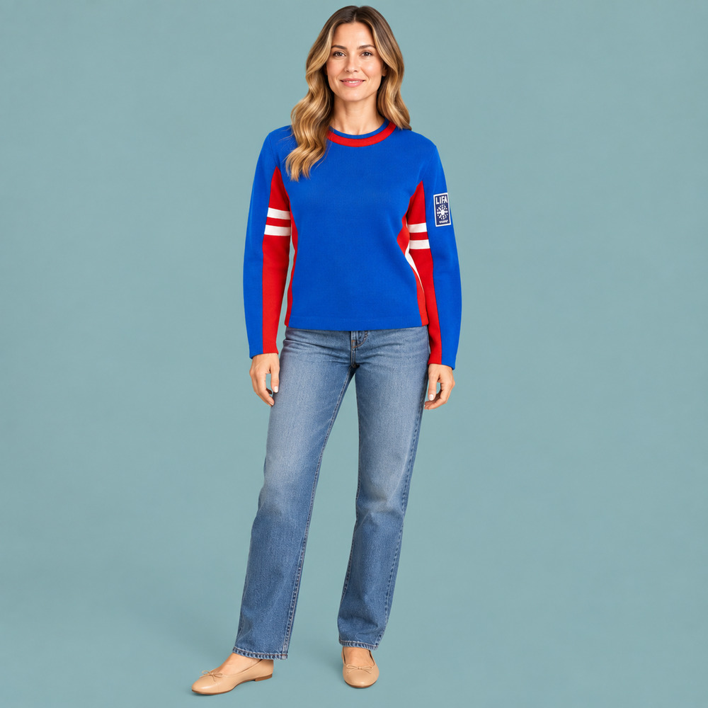LIFA 42 Size Medium M Blue Red White Colorblock Striped Knit Pullover Sweater